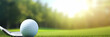 Close up golf ball with golf club on green grass field banner