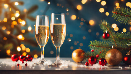 Glasses of champagne. Merry christmas and happy new year