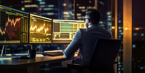 Wall Mural - Financial Analysts and Day Traders Working on a Computers with Multi-Monitor Workstations with Real-Time Stocks,Commodities and Exchange Market Charts. Team of Brokers at Work in Agency