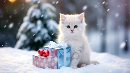 Christmas decoration with a cute white kitten and a gift in the snow in a winter park