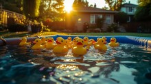 AI Generated Illustration Of A Vibrant Swimming Pool Cheerful Yellow Rubber Duckies