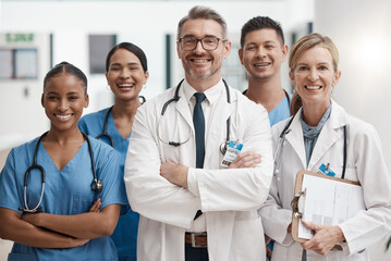 Poster - Team of doctor and nurse with vision, teamwork and arms crossed while working at a hospital. Happy medical expert, healthcare and professional group smile at work together for success at a clinic