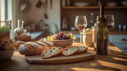 AI generated illustration of a wooden table with fresh bread and two glasses of red wine