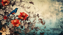 Shabby Chic Background With Beautiful Bleu Bird And  Colorful Flowers, Vintage Wallpaper, Illustration With Copy Space
