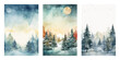 Set of hand drawn watercolour winter landscape backgrounds. Christmas vector elements for poster, cards, flyer, web.