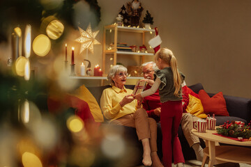 Wall Mural - Little girl giving a Christmas present to her grandmother