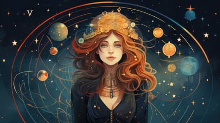 Woman, girl astrologer against the backdrop of the starry sky of the universe with the astrological zodiac circle of the natal chart and planetary transits