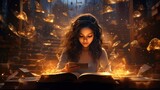 Fototapeta  - Esoteric concept: Girl reading the book of life metaphorically. Great library of records of the Akashic chronicle, Mystical knowledge archive of information in the vastness of the Universe