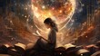 Esoteric concept: Girl reading the book of life metaphorically. Great library of records of the Akashic chronicle, Mystical knowledge archive of information in the vastness of the Universe