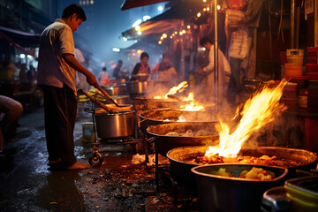 Wall Mural - Evening engulfs the market, where vendors passionately craft street food, flames dancing on pans, as mouth-watering aromas beckon a growing crowd.