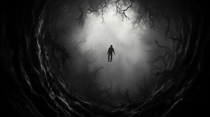 Wall Mural - a man falls into the abyss from a great height.. concept of depression. black and white illustration. copy space