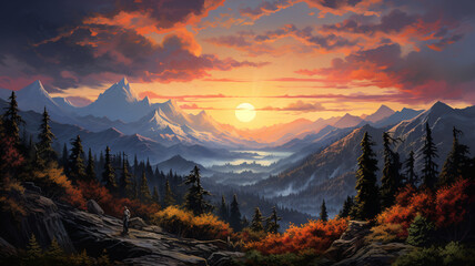 mountain forest landscape, mountain lake, forest and mountains in background