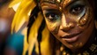 Brazilian Carnival. Reveler correcting cosmetics amid carnival square