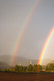 Fototapeta Tęcza - Double rainbow over electricity pylons in a field