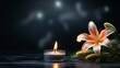 © id512 - beautiful lily and burning candle on black background with copy space for text, funeral card concept