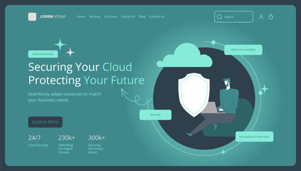 Poster - landing page template. cloud database security. digital cybersecurity. protect system innovation. an