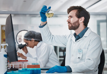 Poster - Science, man or scientist in laboratory with chemical liquid after chemistry research or scientific testing. Physics analysis, healthcare or medical doctor with acid solution for medicine development