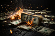 Concept of burning money bills to symbolize the demise of money and hyperinflation
