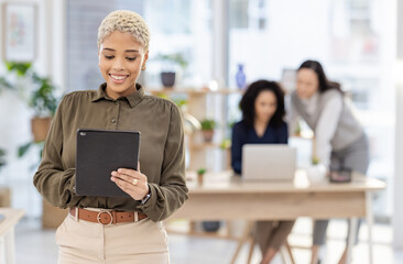 Poster - Planning, tablet and black woman with online research, business social media strategy and startup company management. Happy manager, worker or person working on digital technology in office workflow