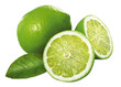 composição de limão verde inteiro e limão verde cortado acompanhado de folha de limoeiro isolado em fundo transparente