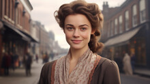 Victorian Grace: Portrait Of A 19th Century Young British Lady On A City Street Of Britain.