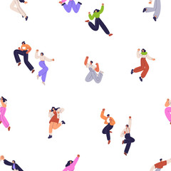 Poster - Happy characters, seamless pattern. Young people jumping from joy and fun, celebrating. Excited men, women exulting. Repeating print, endless background. Colored flat graphic vector illustration