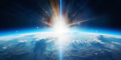 Wall Mural - panoramic view on planet earth globe from space with rising sun. glowing city lights, light clouds. 
