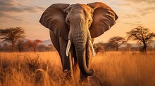 Lovely Shot Of An African Elephant Within The Savanna Field
