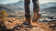 A Person Wearing Hiking Boots Stands In The Mountains And .
