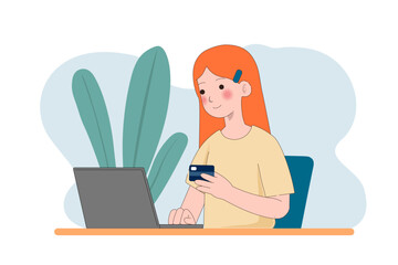 Poster - Woman making online electronic payment with laptop and bank card. Man buying. through internet and paying for it using computer. Colored flat vector illustration isolated on white background