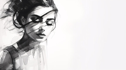 Wall Mural - Black Pencil Sketch of Female on White Background, Perfect for Editorial Illustrations and Website Design.