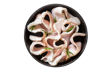 Wall Mural - Fresh sliced lard with salt, garlic and pepper in pan with herbs.  Transparent background. Isolated