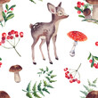 A pattern with deer, cranberries, lingonberries, viburnum, fly agaric and porcini mushrooms. Watercolor illustration. Forest animals. Curious fawn.