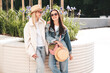 Two young beautiful smiling hipster female in trendy summer clothes. Carefree women posing in the street. Positive models having fun outdoors at sunny day. Cheerful and happy. In hat, sunglasses