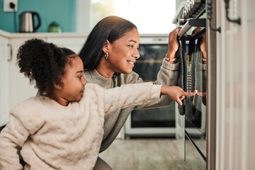 Wall Mural - Oven, learning and mother cooking with child in kitchen for development, teaching and learning a recipe together at home. Stove, curious and kid help mom or parent prepare food, meal or baking