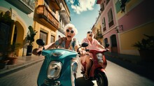 Active Extreme Cheerful Senior Women Pensioners Get Adventures On Vacation Riding Motorcycles, Lifestyle Travel In Retirement