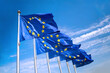 Flaggen der Europäischen Union wehen bei strahlend blaumem Himmel im Wind