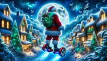 Santa On Hoverboard In Snowy Village Under Moonlit Sky.Generative AI