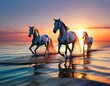 Transparent horses walking out of the ocean, solarpunk aesthetics, sunset. Generative AI
