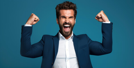 Poster - a man in a suit rejoices greatly and celebrates on a blue background