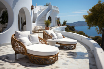 two deck chairs on terrace with pool with stunning sea view. traditional mediterranean white archite