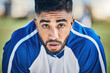 © C. Daniels/peopleimages.com - Soccer player, tired or portrait of man in sports training, game or match breathing heavy on a field pitch. Face, fatigue or exhausted male athlete in football workout or fitness exercise on break