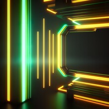 3d Rendering. Abstract Futuristic Neon Background. Yellow Green Lines, Glowing In The Dark. Ultraviolet Spectrum. Cyber Space. Minimalist Wallpaper Bright Gate Tunnel Cube Square Generative AI 
