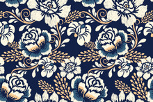 Ikat Floral Paisley Embroidery On Navy Blue Background.Ikat Ethnic Oriental Seamless Pattern Traditional.Aztec Style Abstract Vector Illustration.design For Texture,fabric,clothing,wrapping,decoration
