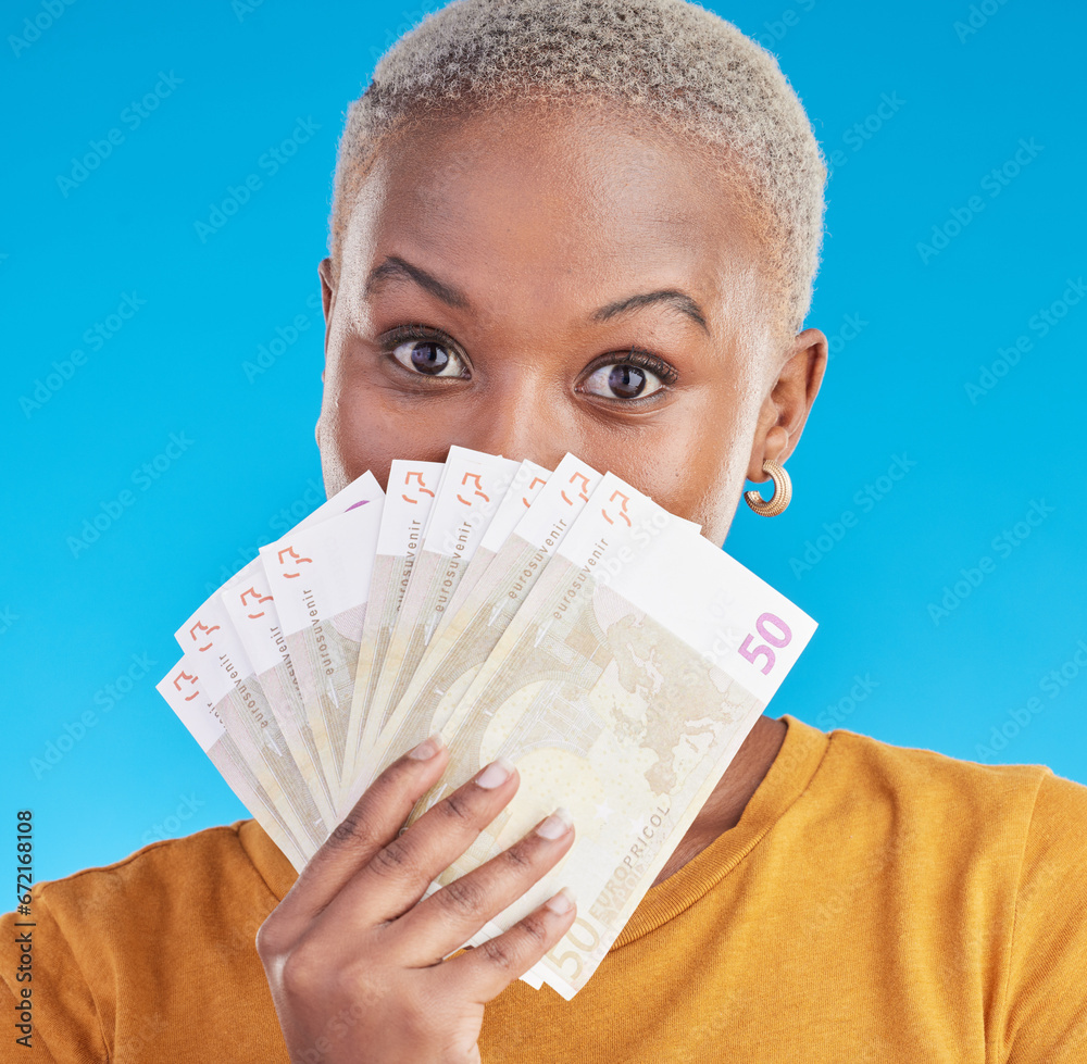 Cash, winner and woman cover face on blue, studio background for winning, money fan or financial loan. Lottery, bank and young african person with bonus, budget secret and finance profit in portrait