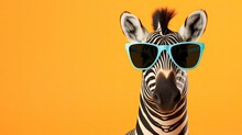 Funny Zebra With Sunglasses Isolated On Yellow Background. 3d Illustration. Banner Copy Space, Ai Generative