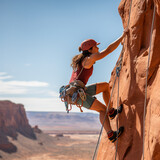 Fototapeta  - Wspinaczka skałkowa. Kobieta wspina się po skałach w słoneczną pogodę.
