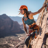 Fototapeta  - Wspinaczka skałkowa. Kobieta wspina się po skałach w słoneczną pogodę.