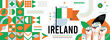 Ireland national or independence day banner for country celebration. Flag and map of Ireland with raised fists. Modern retro design with typorgaphy abstract geometric icons. Vector illustration.	