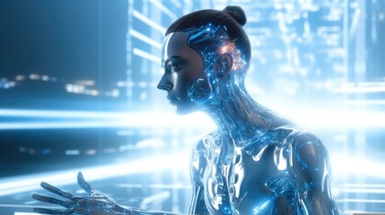 Poster - Development of artificial intelligence, blue holograms, AI, minimalism.